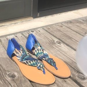 Blue Patterned Fabric Thong Sandals